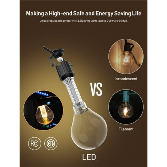 Outdoor String Lights w/ Dimmer - 50Ft Led Patio Light 3 Modes Waterproof Light - Picture 5 of 6